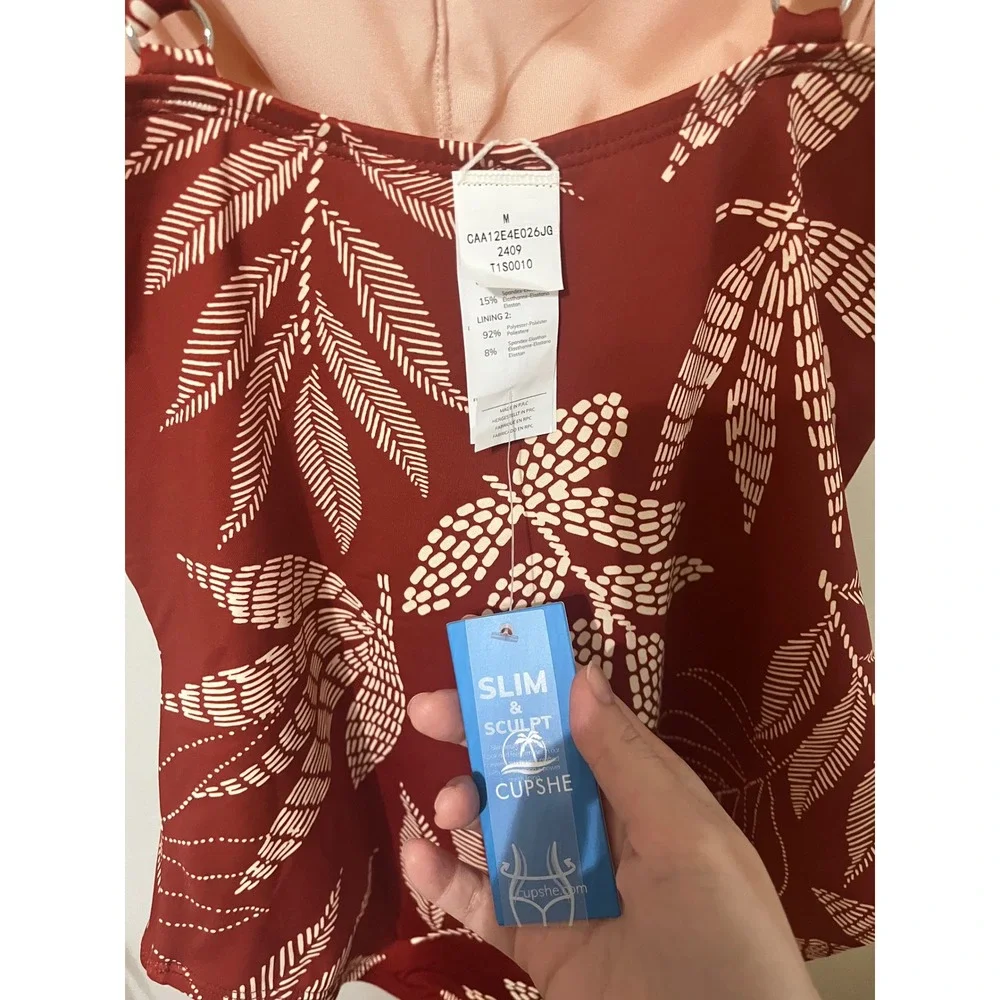 Cupshe Dotted Line Leaf Square Neck Tummy Control One-Piece Medium - Picture 7 of 10